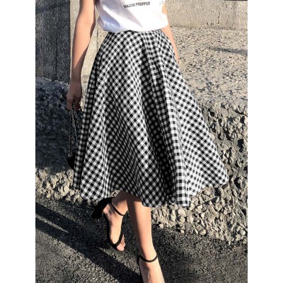 Women Plaid Pleated Spliced Loose Casual Leisure Skirts