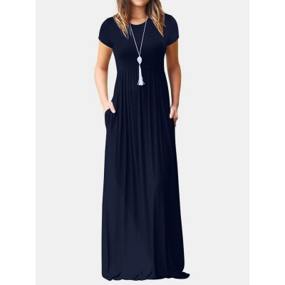 Short Sleeve Pocket Floor Length Solid Round Neck Maxi Dress