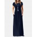 Short Sleeve Pocket Floor Length Solid Round Neck Maxi Dress