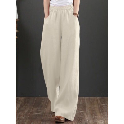 Women 100  Cotton Wide Legged Pleats Side Pocket Solid Casual Pants