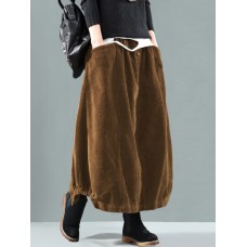 Women Corduroy Button Trim Elastic Waist Solid Retro Skirt With Pocket