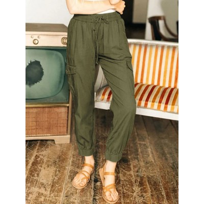 Wild Solid Color Elastic Waist Drawstring Straps Side Pockets Pants