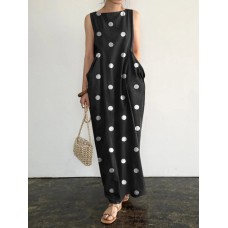 Sleeveless Pocket Polka Dot Round Neck Maxi Dress