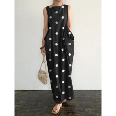 Sleeveless Pocket Polka Dot Round Neck Maxi Dress