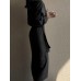 Lapel Long Sleeve V  Neck Solid Sash Midi Dress