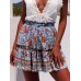 Ethnic Women Elastic Waist Floral Ruffle Pleated Printed Mini Short Skirts