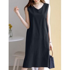 Leisure Solid Slit Hem V Neck Sleeveless Cotton Midi Dress