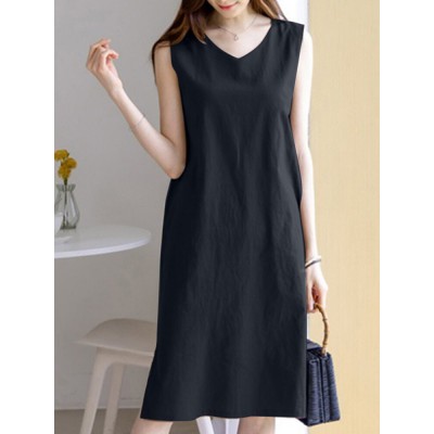 Leisure Solid Slit Hem V Neck Sleeveless Cotton Midi Dress