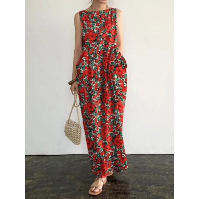 Pocket Floral Print Round Neck Sleeveless Maxi Dress