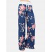 Women Plus Size Flowers Print Drawstring Waist Loose Home Casual Pajamas Pants