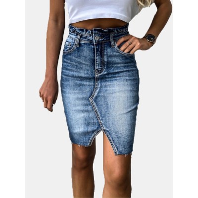 Casual Women High Waist Split Hem Denim Skirts