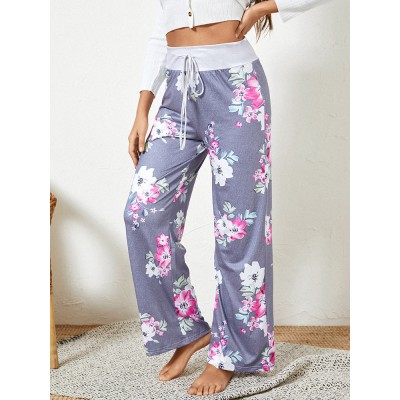 Plus Size Women Floral Printing Drawstring Waist Loose Casual Home Pajamas Pants