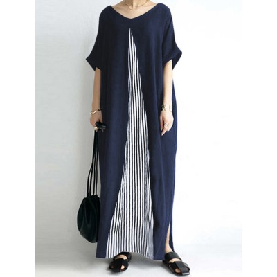 Pocket Short Sleeve Splicing Striped Color Block Maxi Dress