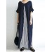 Pocket Short Sleeve Splicing Striped Color Block Maxi Dress