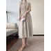 Solid Button Pocket Drawstring Show Waist Sleeveless Maxi Dress