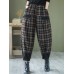 Women Cropped Check Print Pocket Stitch Elastic Waist Denim Casual Pants