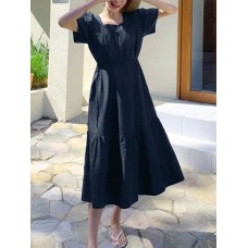 Leisure Solid Tie  Up Ruched Square Collar Maxi Dress