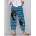 Women Black Cat Print Striped Elastic Waist Plus Size Casual Pants