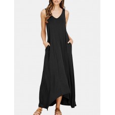 V  Neck Sleeveless Solid Pocket Summer Brief Maxi Dress