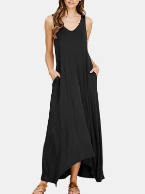 V  Neck Sleeveless Solid Pocket Summer Brief Maxi Dress