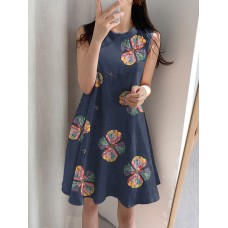 Flower Print Cotton Round Neck Sleeveless Casual Midi Dress