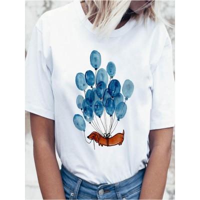 Cute Cartoon Dog   Balloon Round Neck Women White Short Sleeve T  Shirts