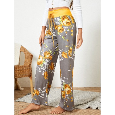 Women Plus Size Flowers Print Drawstring Waist Loose Home Casual Pajamas Pants