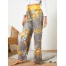 Women Plus Size Flowers Print Drawstring Waist Loose Home Casual Pajamas Pants