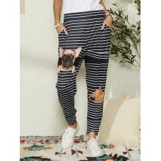 Plus Size Women Dog Stripe Print Casual Elastic Waist Pants With Pocket