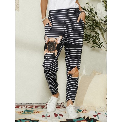 Plus Size Women Dog Stripe Print Casual Elastic Waist Pants With Pocket