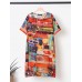 Abstract Painted Pocket Round Neck Short Sleeve Loose Midi Dress