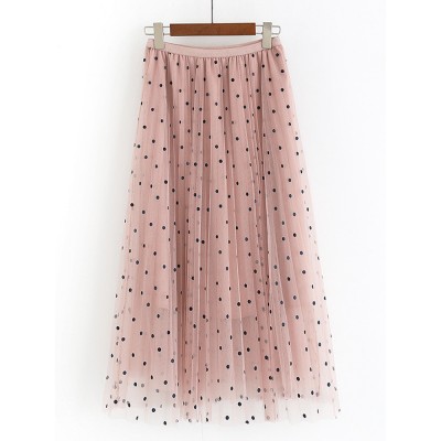 Women Polka Dot Print Gauze Elastic Waist Midi Mesh Pleated Skirt