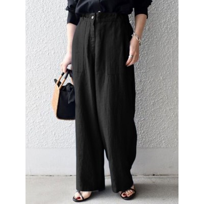 Women 100  Cotton Wide  Legged Side Pockets Ankle Length Solid Pants