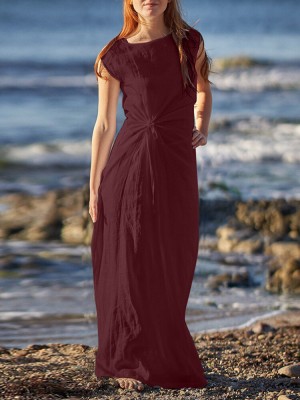 Sleeveless Solid Round Neck Ruched Hollow Out Maxi Dress