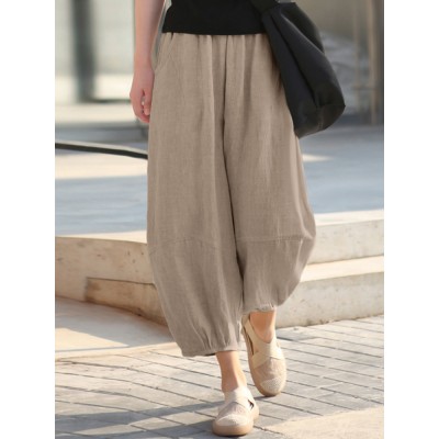 100  Cotton Loose Elastic Waist Mid  Calf Length Thin Pants for Women