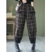 Women Cropped Check Print Pocket Stitch Elastic Waist Denim Casual Pants