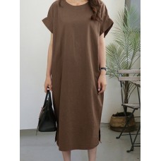 Leisure Solid Slit Hem Round Neck Short Sleeve Midi Dress