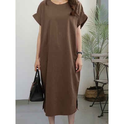 Leisure Solid Slit Hem Round Neck Short Sleeve Midi Dress