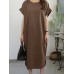 Leisure Solid Slit Hem Round Neck Short Sleeve Midi Dress