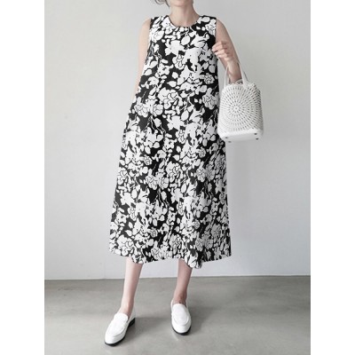 Flower Print Pocket Round Neck Sleeveless Casual Midi Dress